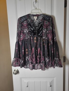 Knox Rose Black and Plum Boho Blouse with Velvet Trim Size Small